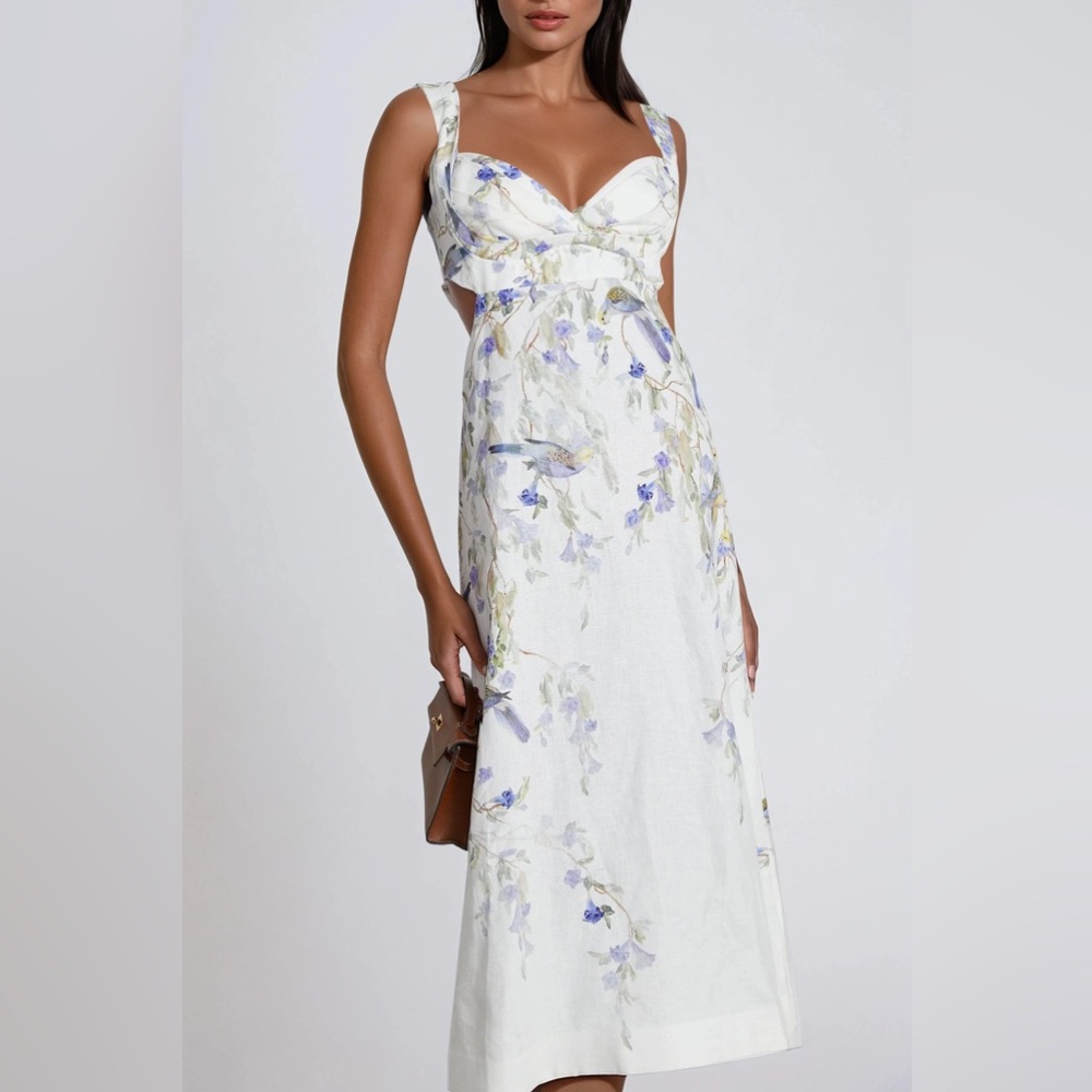 White Floral Maxi Dress with Lilac Bird Print